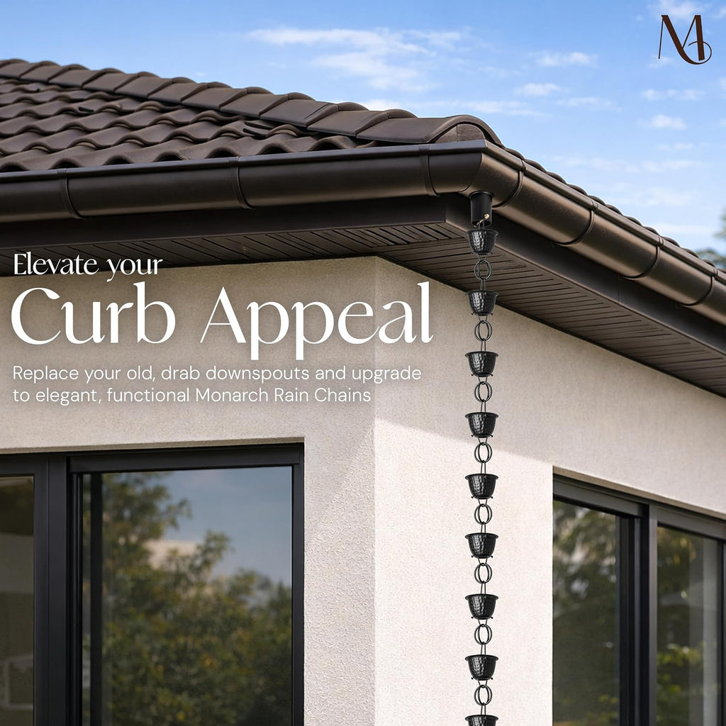 Monarch Rain Chains for Gutters Aluminum – 8.5 ft Hammered Black Rain Chain for Outside, Decorative Heavy Duty Gutter