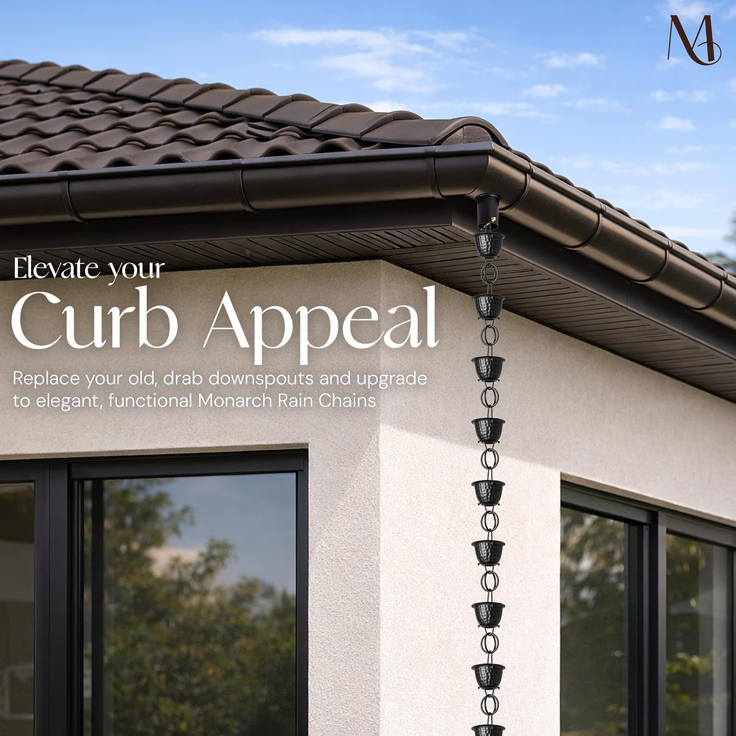 Monarch Rain Chains for Gutters Aluminum – 8.5 ft Hammered Black Rain Chain for Outside, Decorative Heavy Duty Gutter