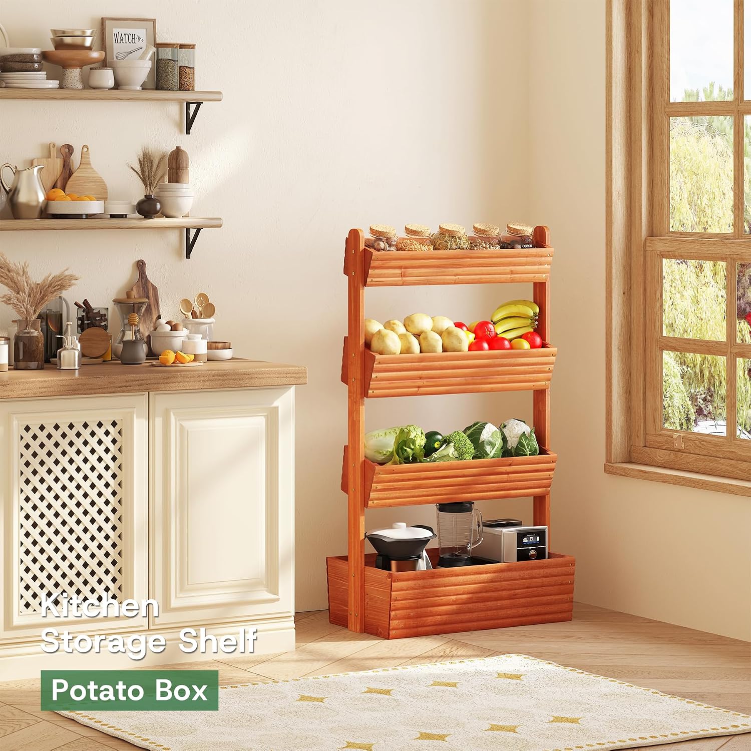 kiplant Adjustable Angle 4-Tiered Wooden Raised Garden Bed, Freestanding Vertical Planter Rack, Plant Box for Herbs