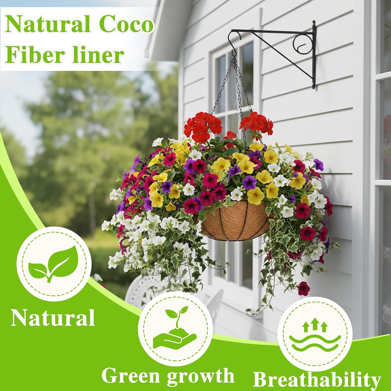 EIMQUVW 4 Pack Hanging Planter Basket Outdoor Large Hanging Flower Pots Indoor 12 inch with Coco Coir Liner Round Wire