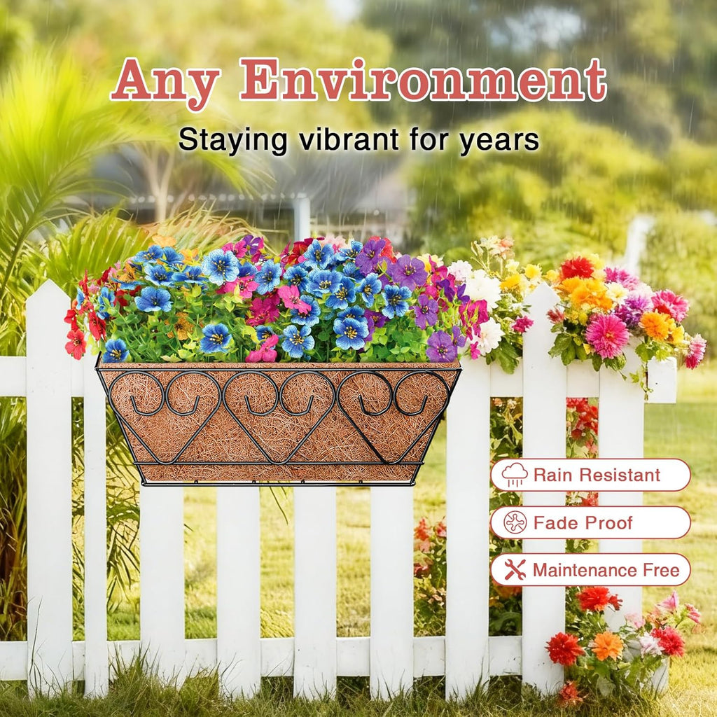 Halatool Railing Planter Box with Artificial Flowers, All Season Home Decor | 16 Inch Metal Window Box with Coco