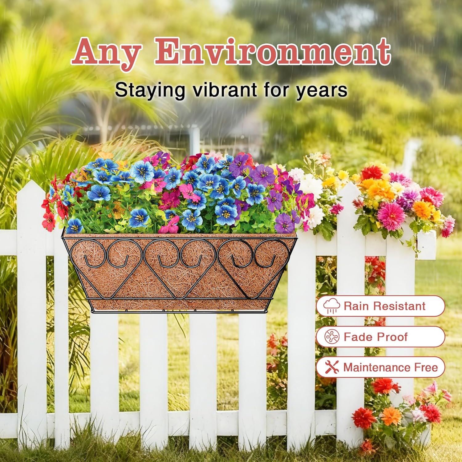 Halatool Railing Planter Box with Artificial Flowers, All Season Home Decor | 16 Inch Metal Window Box with Coco