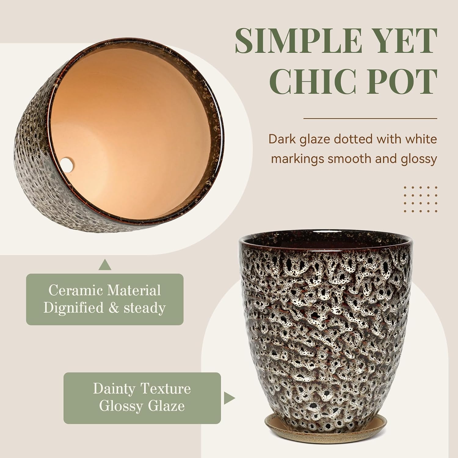 11.8 Inch Modern Ceramic Plant Pot with Saucer, Flower Pot with Drainage Hole Mesh Net,Indoor Outdoor Planter (Speckle