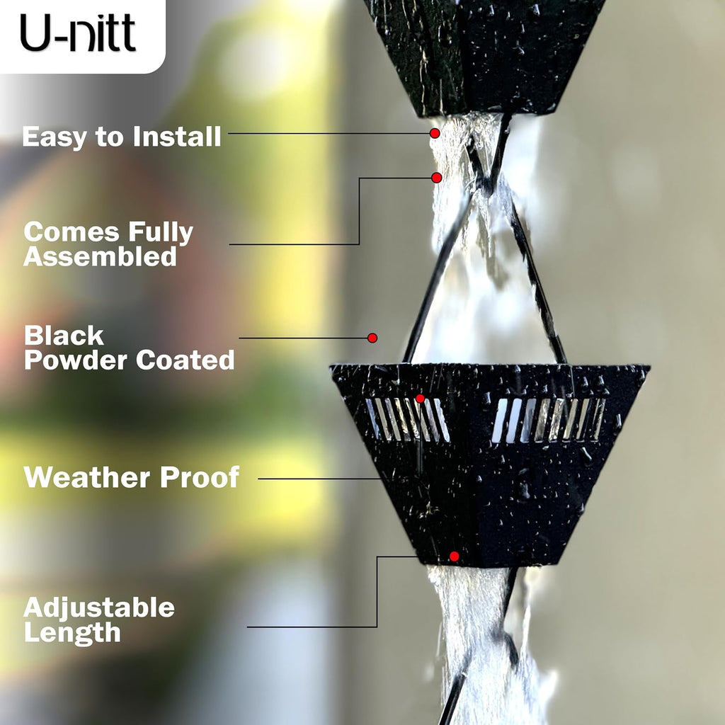 U-nitt Rain Chain Water Collection for Gutters Rainwater Catcher & Diverter, 8.5 FT Chains for Outside Garden, Black