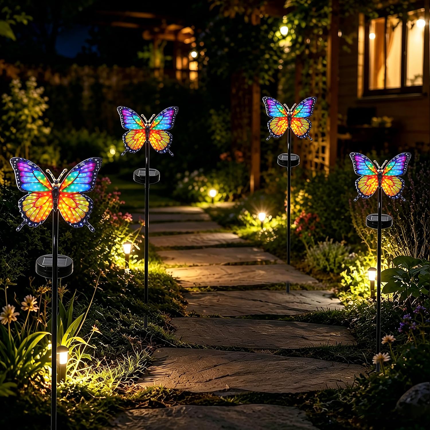 Solar Butterfly Garden Stake Light, 39.4" Outdoor Solar Garden Decor Light, Rainbow Glow Acrylic Butterfly, Auto On/Off