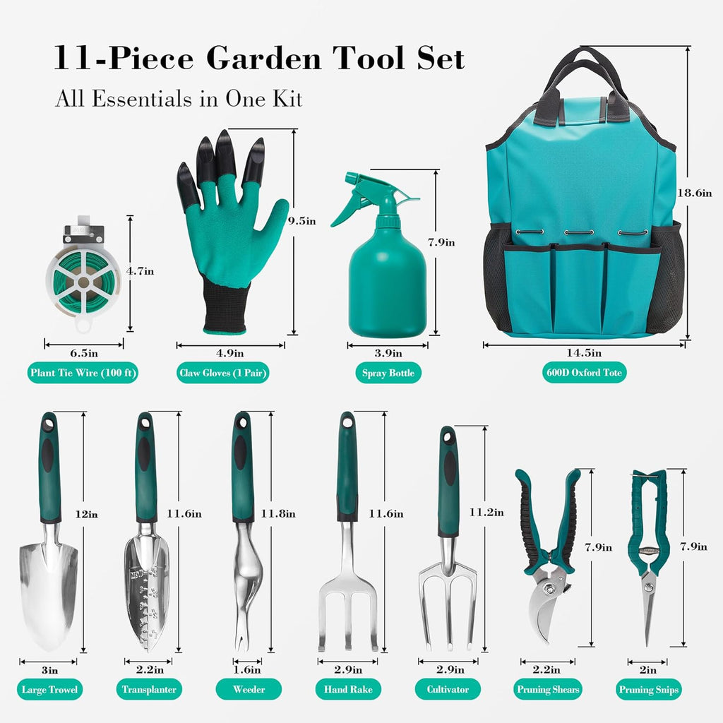 Garden Tool Set, Gardening Gifts for Women, Men, Mom, Dad, 11-Piece Heavy-Duty Aluminum Hand Tools Set with Tote Bag