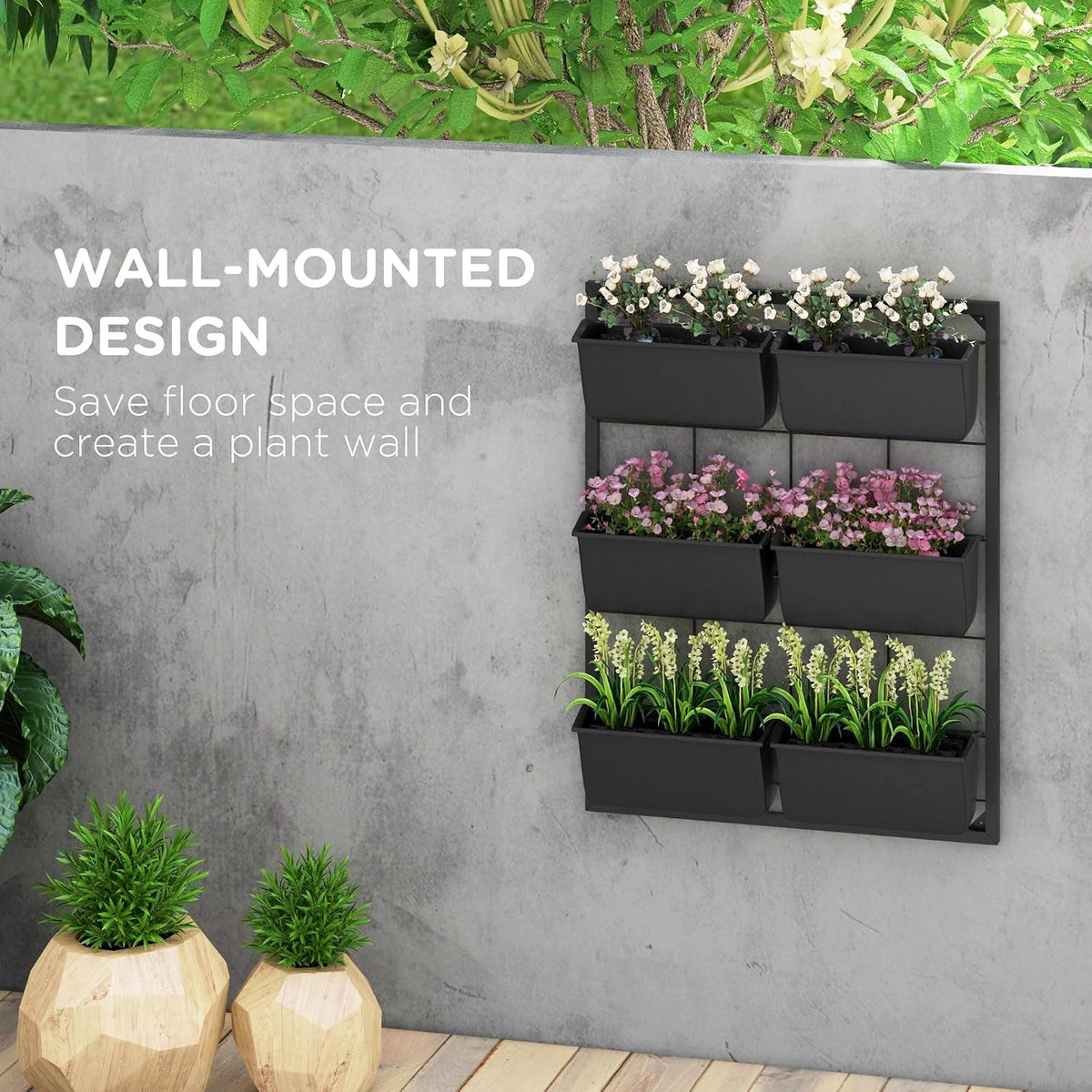 Outsunny 3-Tier Wall Planter w/ 6 Pots, Outdoor Hanging Planter, Black | Indoor Outdoor Use, Self-Draining
