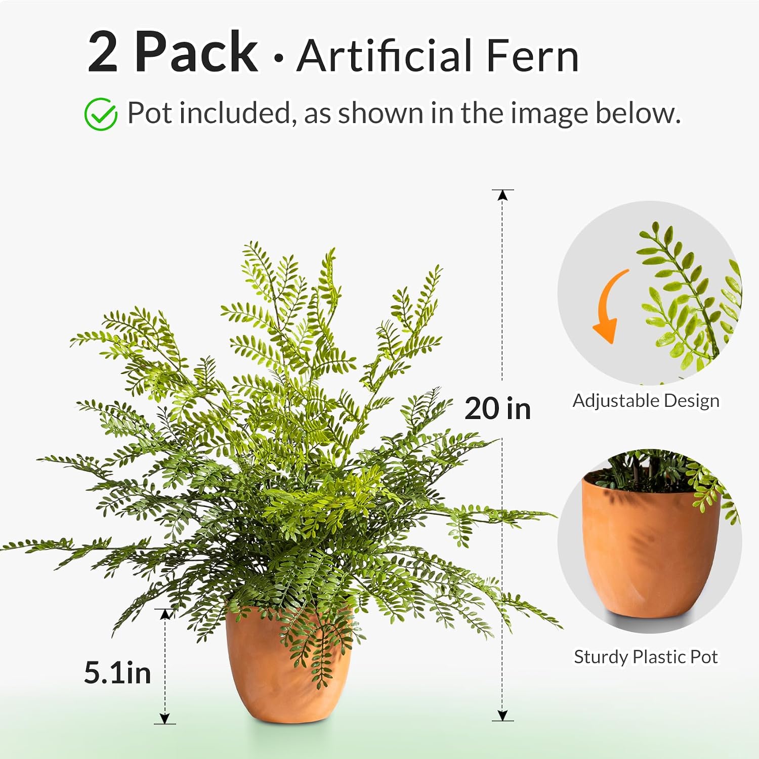 2 Pack Artificial Fern Plants in Pots Artificial Boston Ferns Potted Plants | Faux Fern Bush Plant Shrubs Greenery for