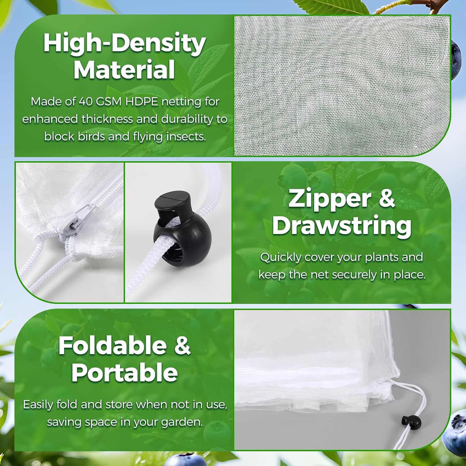 Blueberry Bush Netting Cover 2 Pack 8 x 8 ft, Bird Netting with Zipper & Drawstring, Reusable Berry Bush Netting for