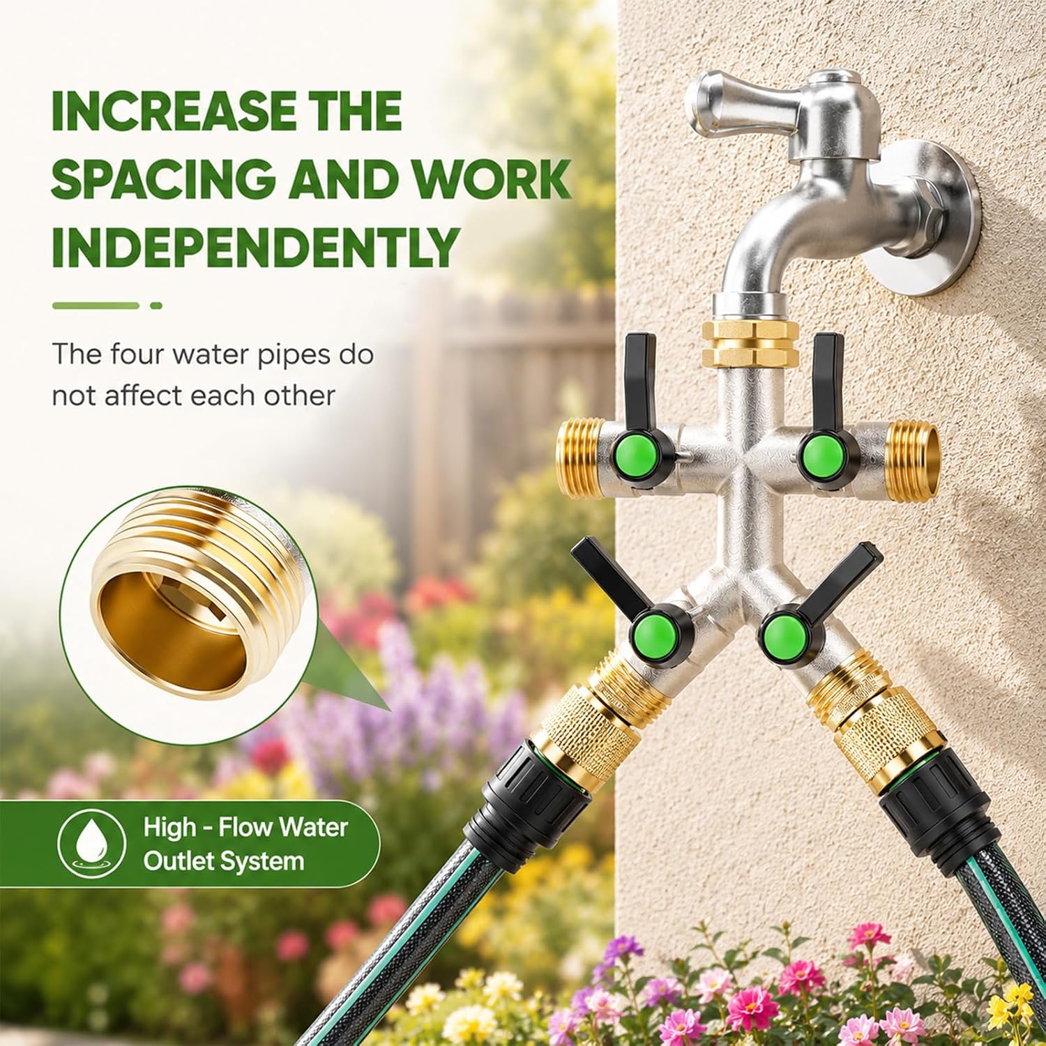 4 Way Hose Splitter, Heavy Duty Brass Garden Hose Connector, 3/4" GHT Water Spigot Splitter with 4 Shutoff Valves, High