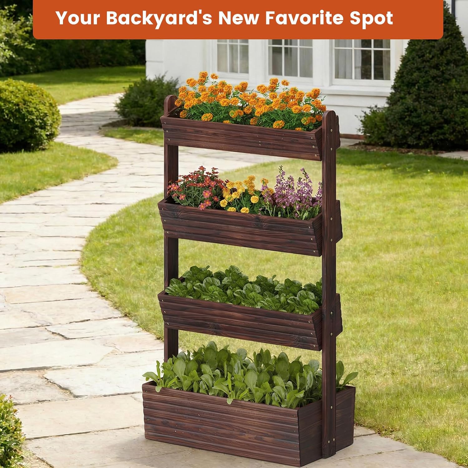 GHWIE Wooden Garden Planter Box, Raised Bed with Vertical Plant Rack, Indoor Outdoor Flower Herb Vegetable Stand