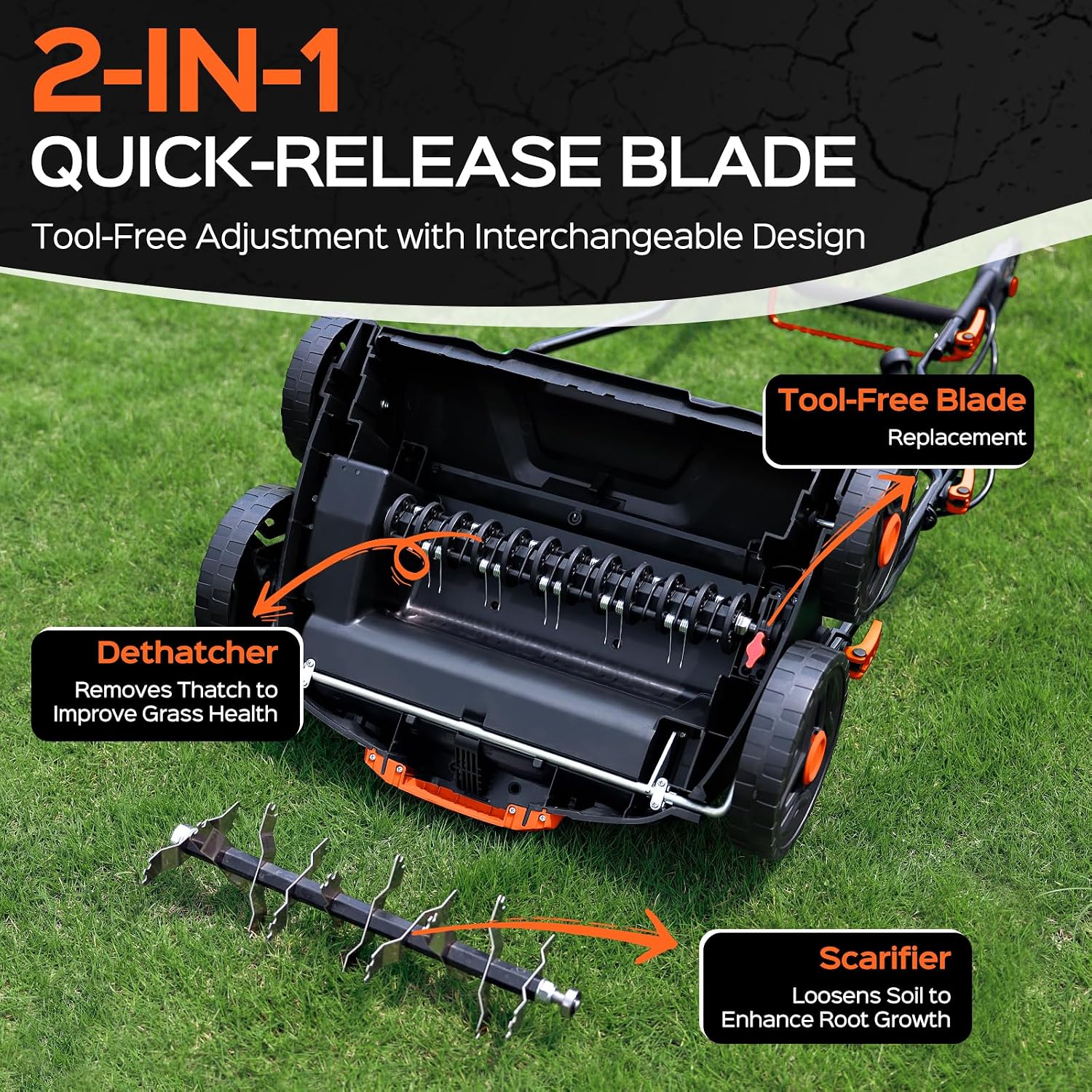 TIECTOWN 16-Inch 15.5 Amp 2-in-1 Electric Dethatcher and Scarifier with 14.5-Gallon Collection Bag, Lawn Dethatcher