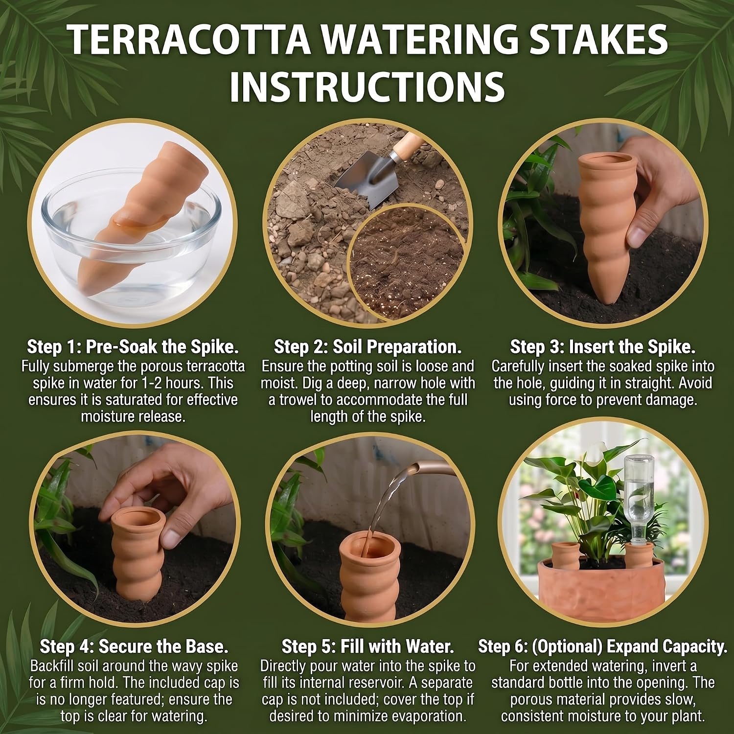 Terracotta Watering Spike Set, 6 Pcs Self Watering Planter Insert, Automatic Plant Watering Devices for Vacation Care