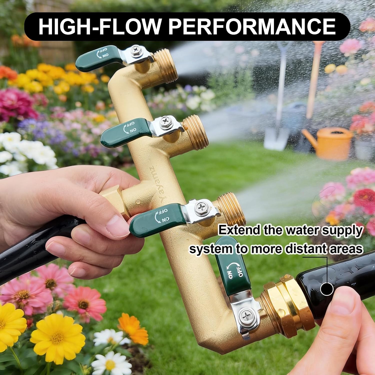 4 Way Garden Hose Splitter, 3/4" GHT Outdoor Water Spigot Splitter | Heavy Duty Solid Brass Body with Shut-off Valves &