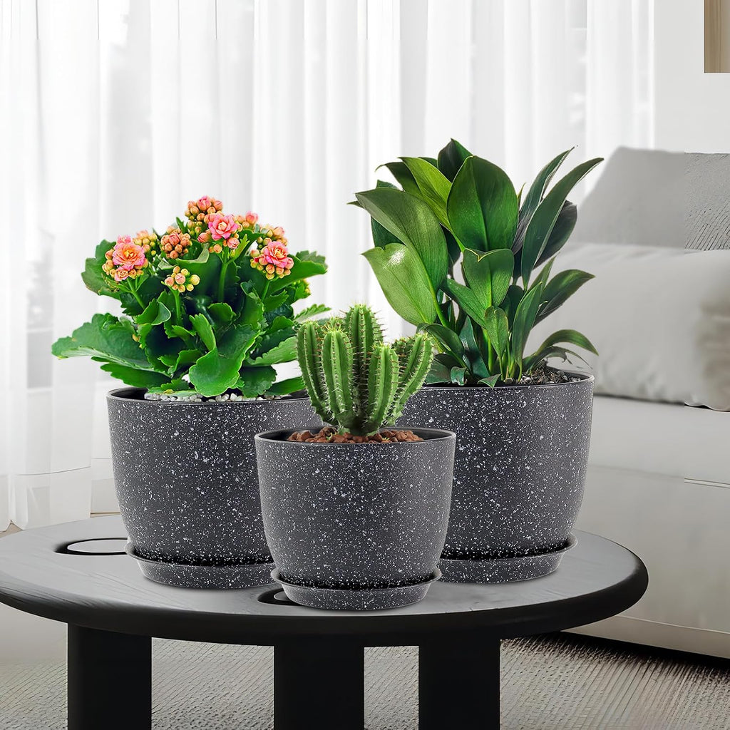 WSMKSZ Plant Pots 10/9/8 inch, Set of 3 Modern Decorative Plastic Planters with Drainage Holes and Saucers for Garden