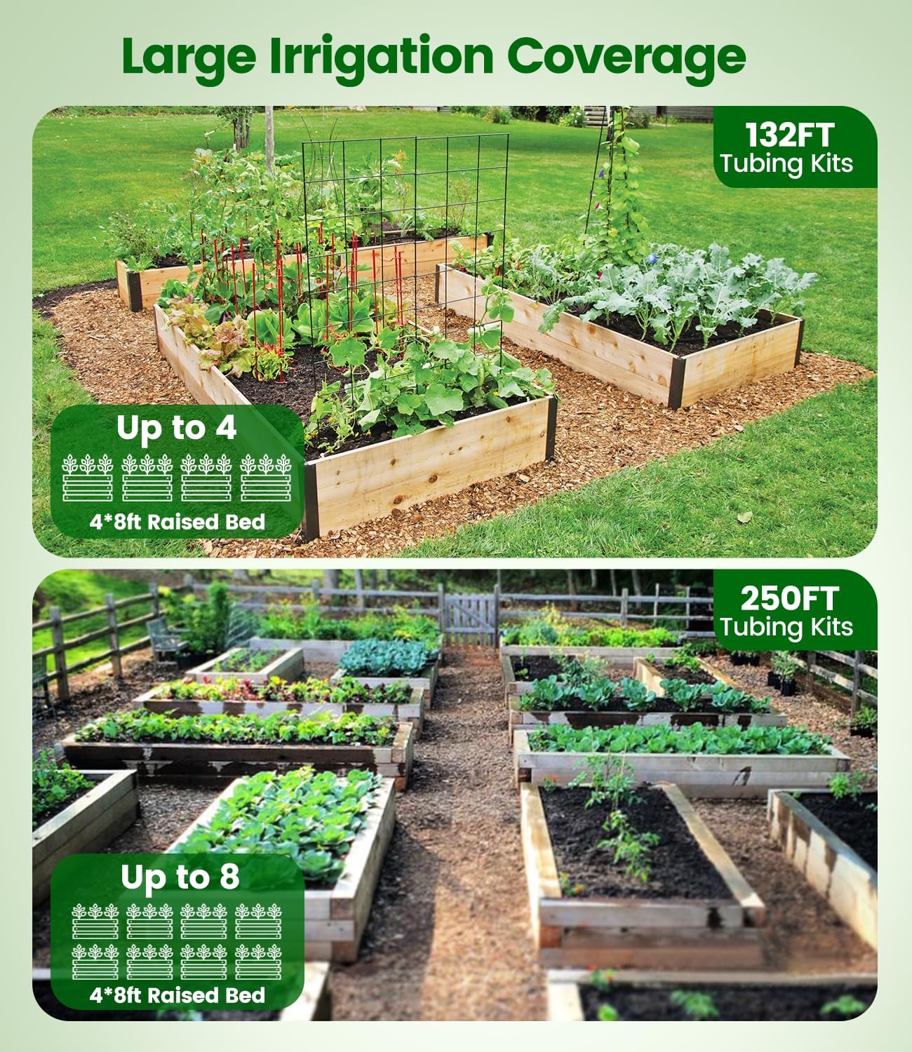 132FT Drip Irrigation Tubing Kit with 1/2 inch Drip Irrigation Tubing, 1/4 inch Irrigation Dripline, and Irrigation