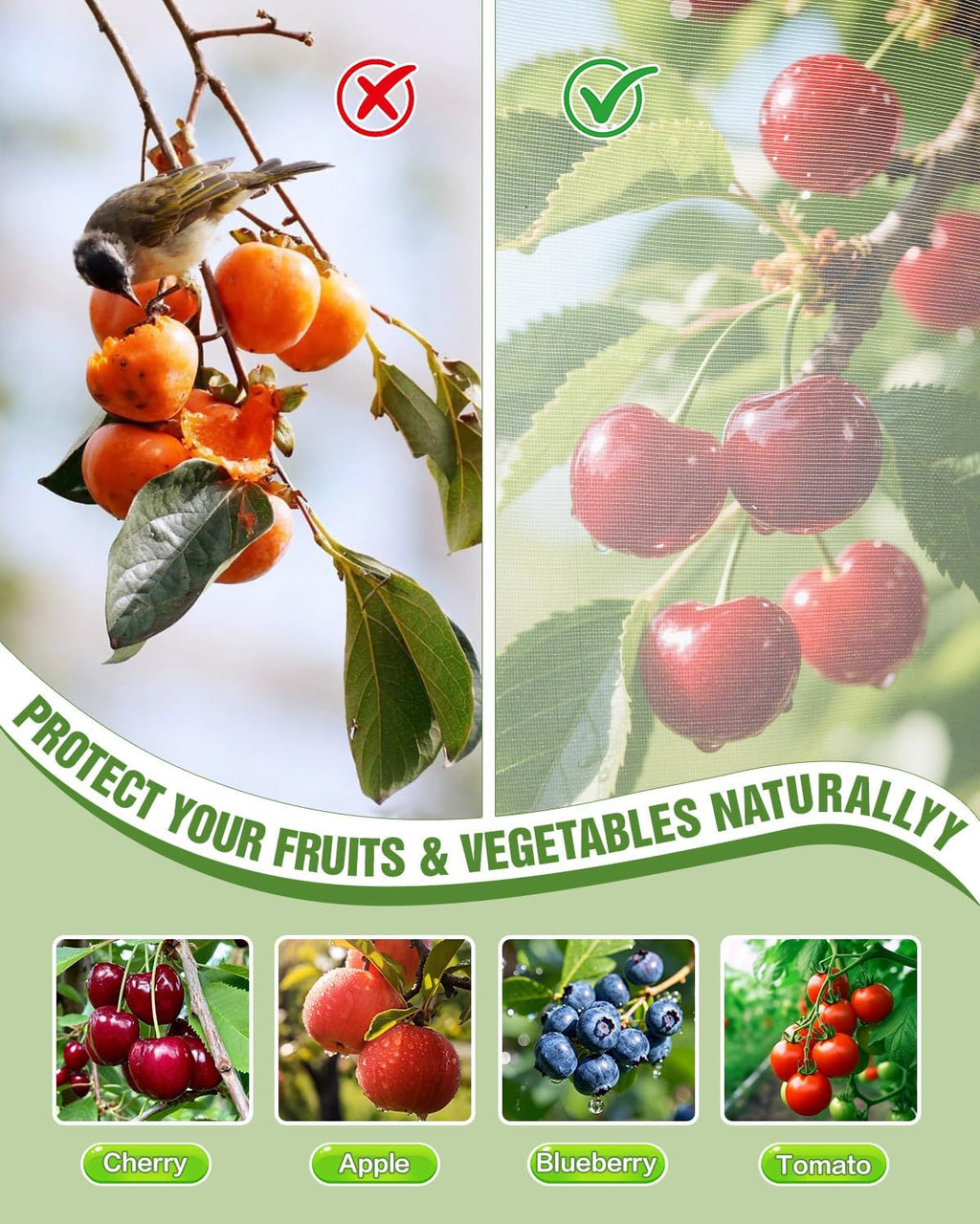 2 Packs 10x10FT Fruit Tree Netting with Zipper, 60-Mesh PE Pest Barrier | Fruit tree protection bag, Netting for