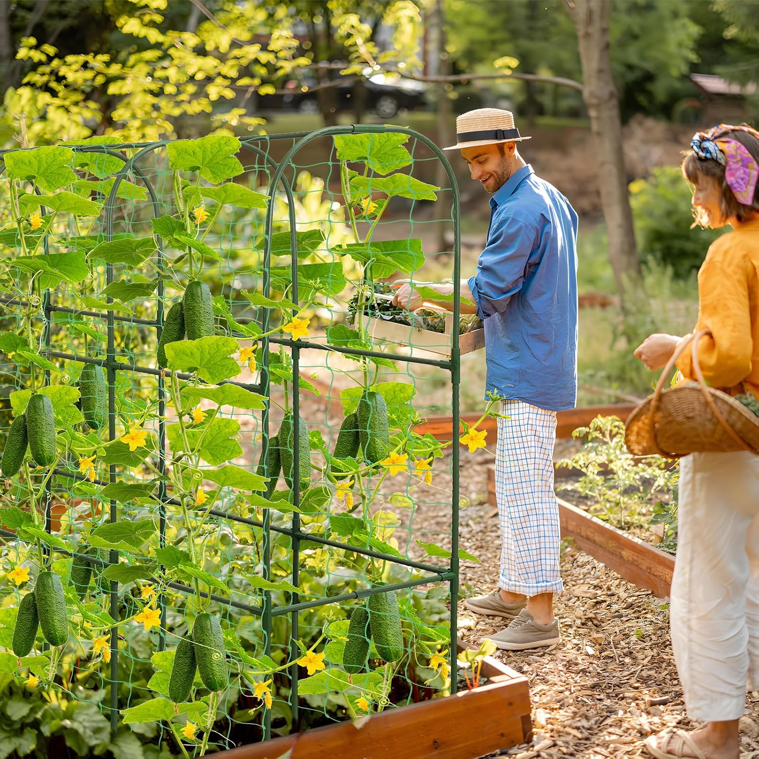67 x 50 Cucumber Trellis for Raised Bed, U-Shape Metal Large Garden Trellis for Climbing Plants Outdoors with Netting