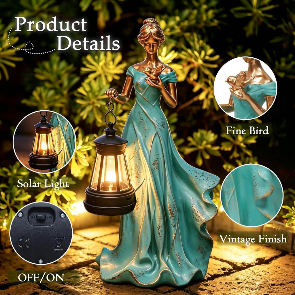 Fairy Garden Outdoor Figurines Lights, Leaf Angel Girls Statues with Solar Lantern and Bird Rustic Home Decor Outside