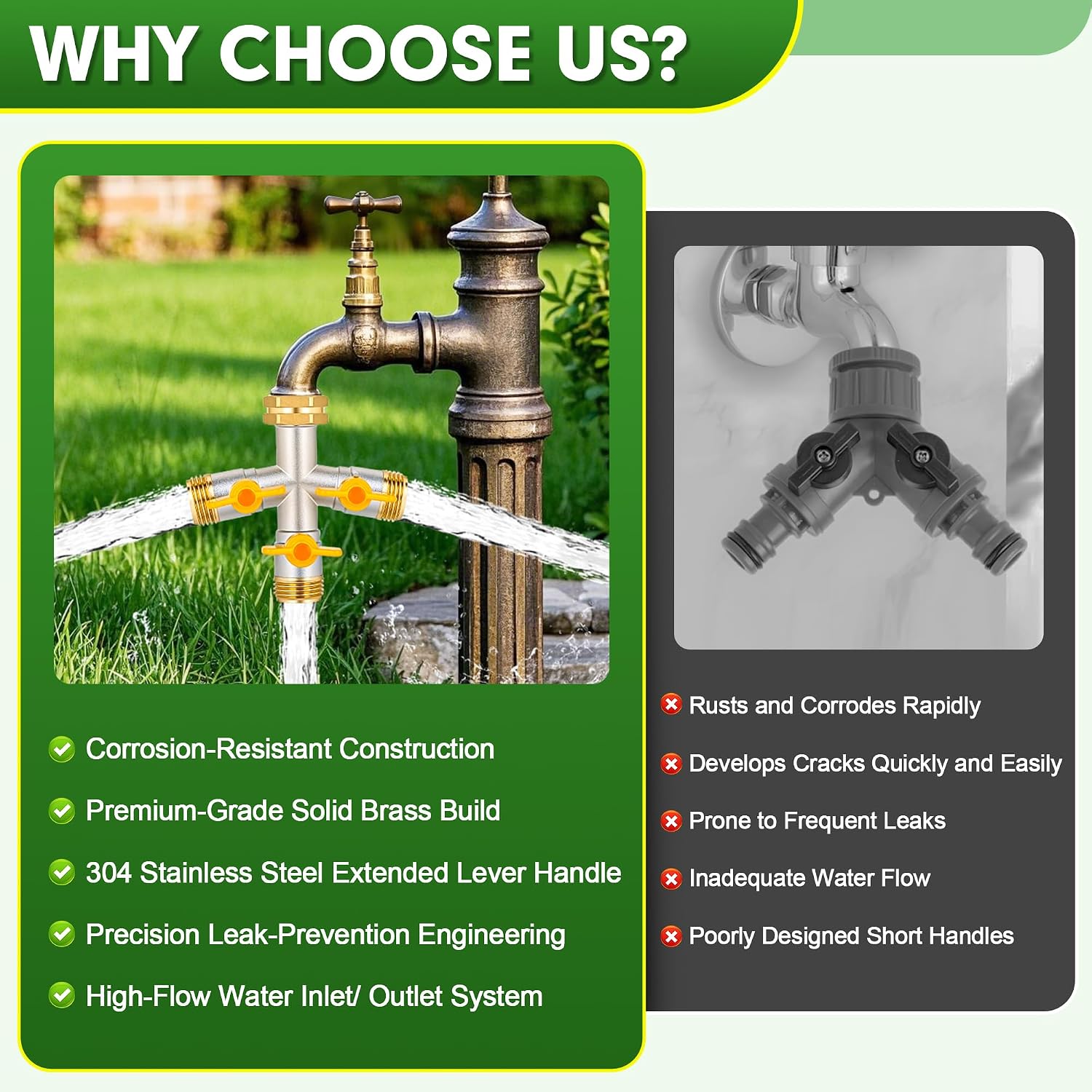 Hose Splitter 3 Way, High Flow Garden Hose Splitter, 3/4” Ght Inlet Brass Heavy Duty Hose Converter, water 3 Way Faucet