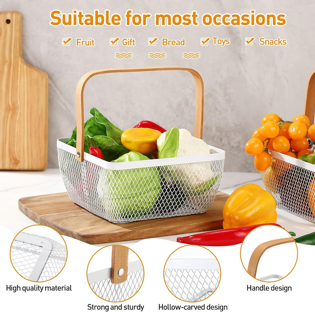 6 Pcs Metal Mesh Steel Basket with Handle Small Shopping Baskets Square Wire Harvest Storage for Kitchen Storage Garden