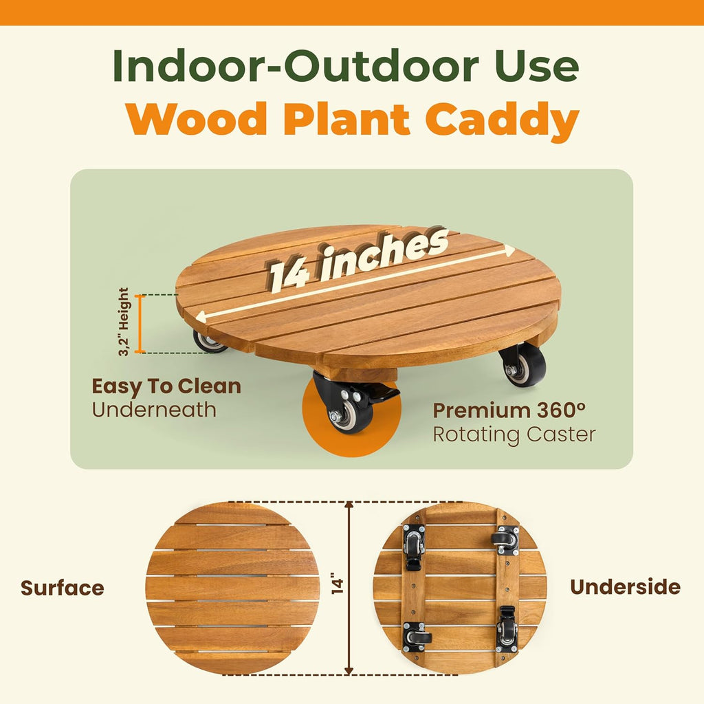 Jurax Wood Plant Caddy with Wheels – Heavy Duty Plant Dolly Holds Up to 286 lbs, 360° Lockable Casters, Rolling Plant