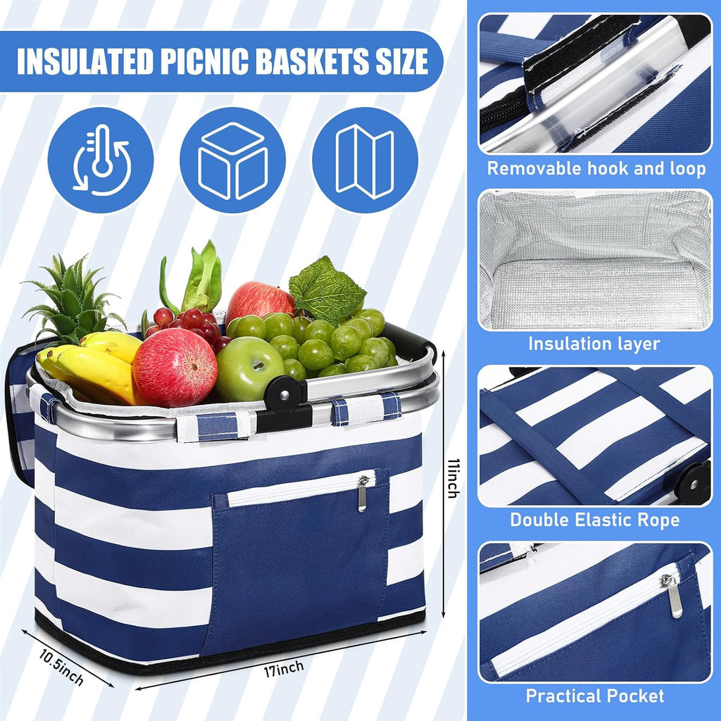Teenyyou 35L Large Insulated Picnic Basket with Blankets Kit Shopping Basket Cooler Bag Leakproof Collapsible Portable