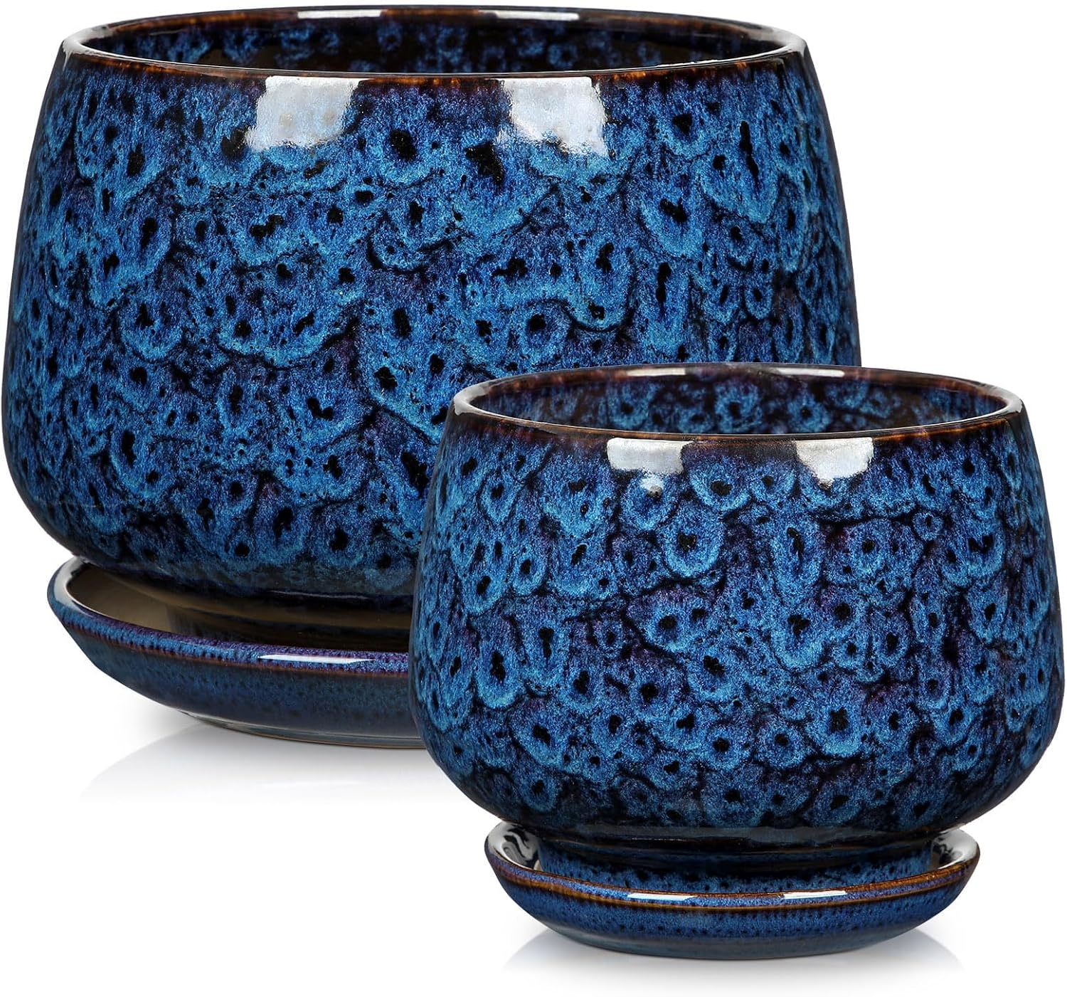 GnFlus Blue Ceramic Planter Pots with Drainage Holes, Set of 2 7''+5'' Saucers Large Round Plant Pot for Indoor-Outdoor
