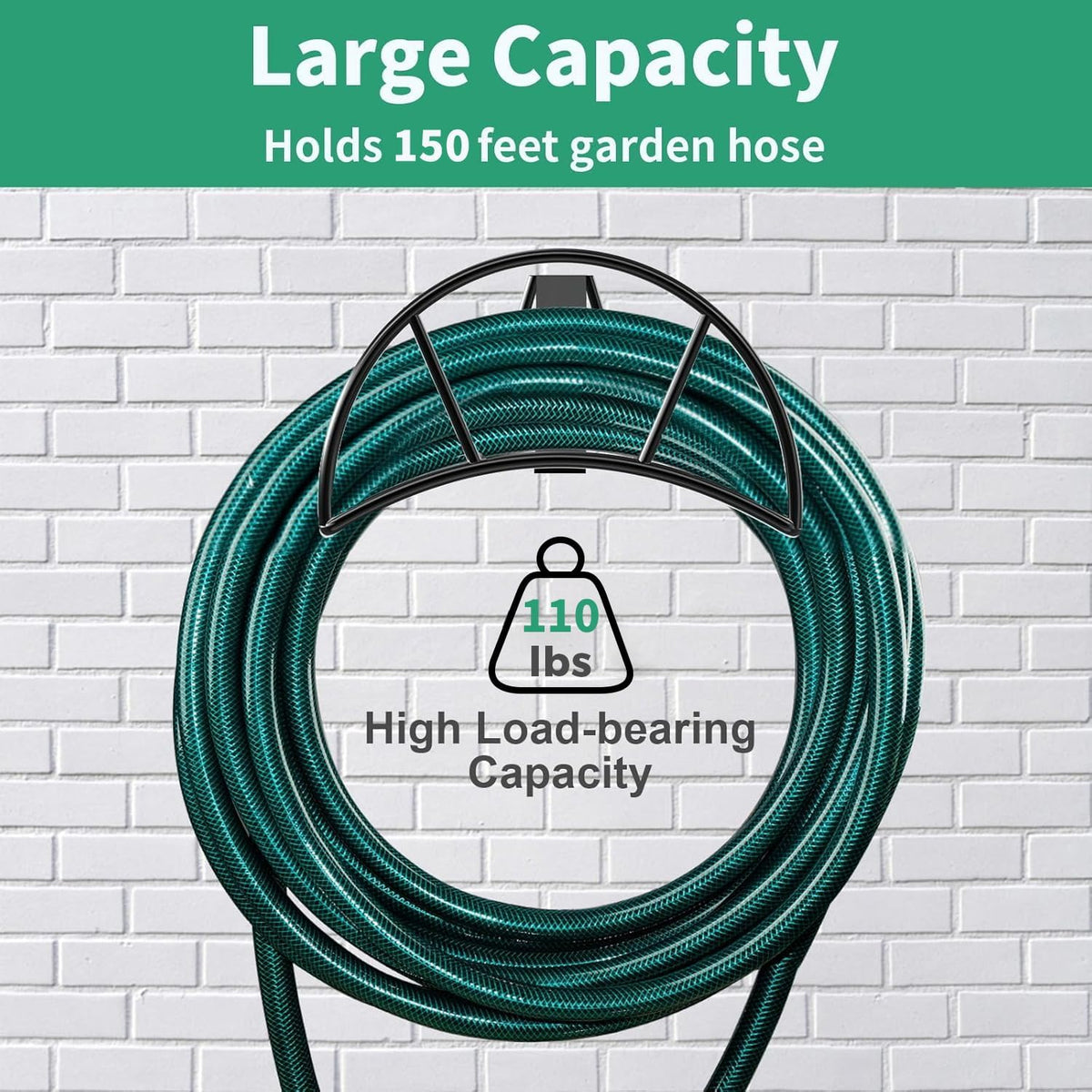 TomCare Garden Hose Holder Wall Mount, 150FT Capacity Water Hose Hanger | 7 mm Solid Metal Rod, One-Piece Welded Frame