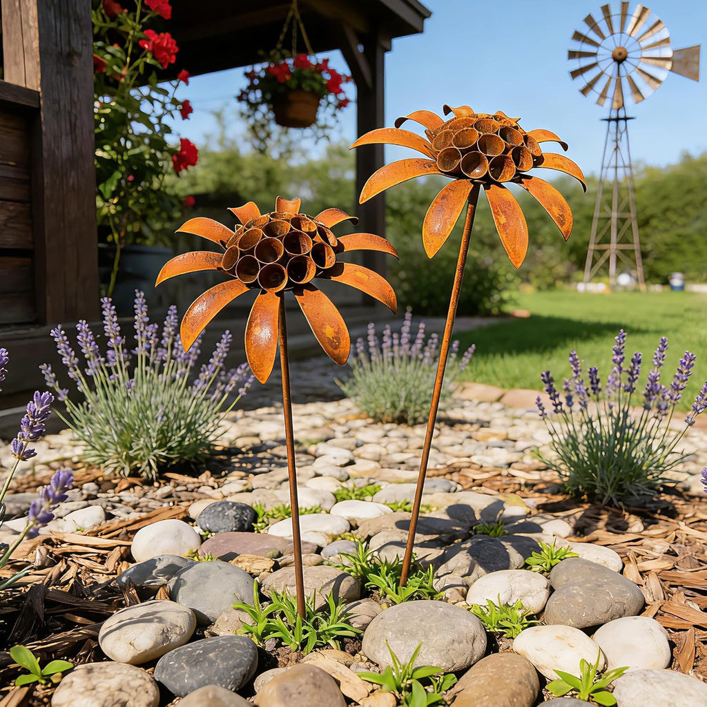 Metal Flowers - 30inch Rusty Metal Outdoor Garden Flowers Yard Art Stakes | Metal Yard Art & Metal Garden Stakes