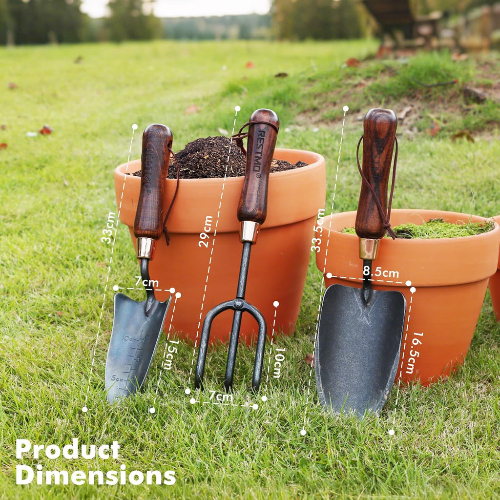 RESTMO Gardening Tools Set, 3-in-1, Carbon Steel, Wooden Handle, Brown | Heavy duty gardening tools kit. Includes