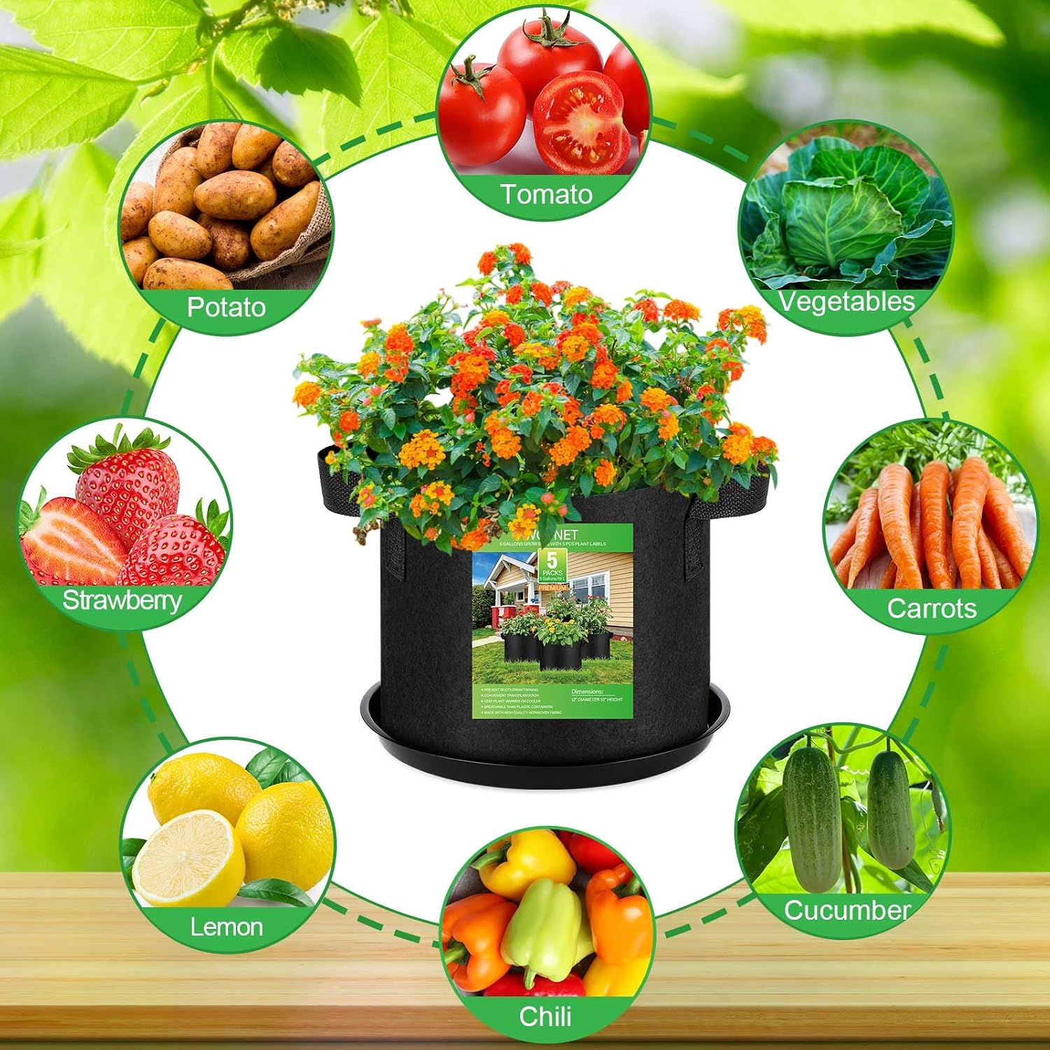 5 Pack 5 Gallon Grow Bags with 5 Plant Saucer and 5 Labels 260g Thickened Nonwoven Fabric Plant Pots with Handles