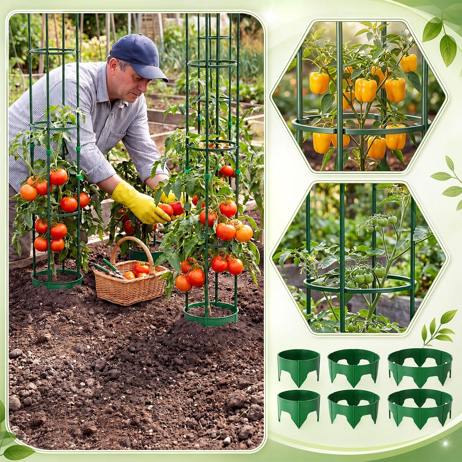 19pcs 59" Round Heavy Duty Tomato Cage Adjustable Plant Trellis | 3 Size Planting Grow Rings, Plant Binding Tape