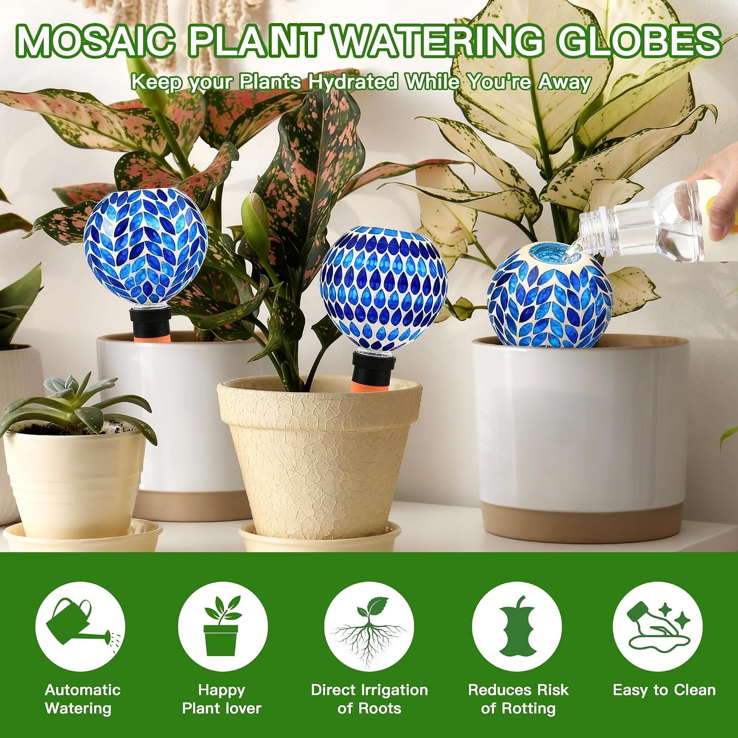 VOREEN Blue Mosaic Self Watering Globes 2 Pack, 500ml Handmade Glass Terracotta Plant Spikes, Automatic Self Watering