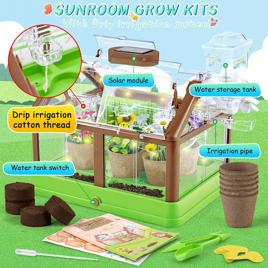 Kids Plant Growing Kit - Kids Greenhouse & Flower Growing Kit with Upgraded Irrigation & Grow Light – Perfect Gardening