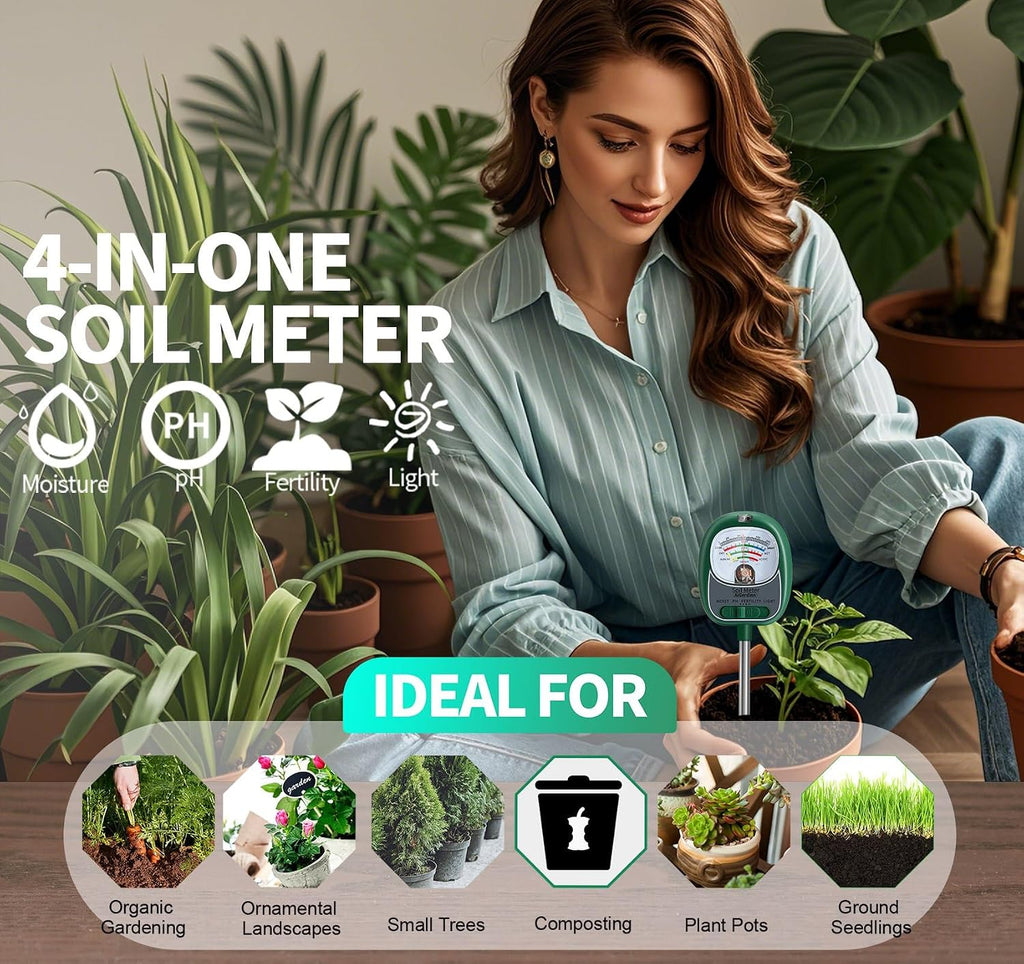 Soil Test Kit, 4-in-1 Soil Moisture Meter/Light/Fertility/Soil PH Meter for Gardening, No Need Battery Soil Tester for