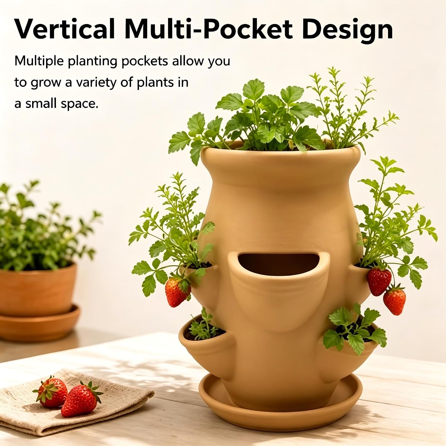 Strawberry Planter Pot Tower,Multi-Pocket Vertical Terracotta Plant Pot,Embossed Stacked Growing Pot for Succulent Herb