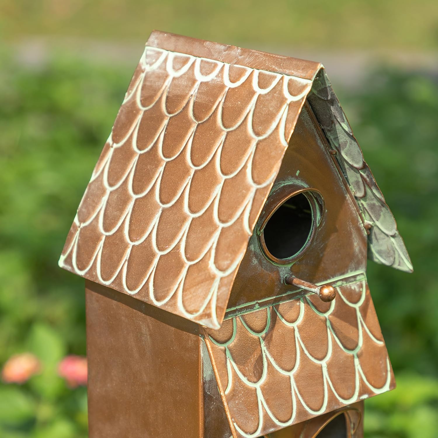 Glitzhome Birdhouses for Outdoors, Decorative Bird Houses for Outside, 53" H Farmhouse Faux Copper 2-Tiered Distressed