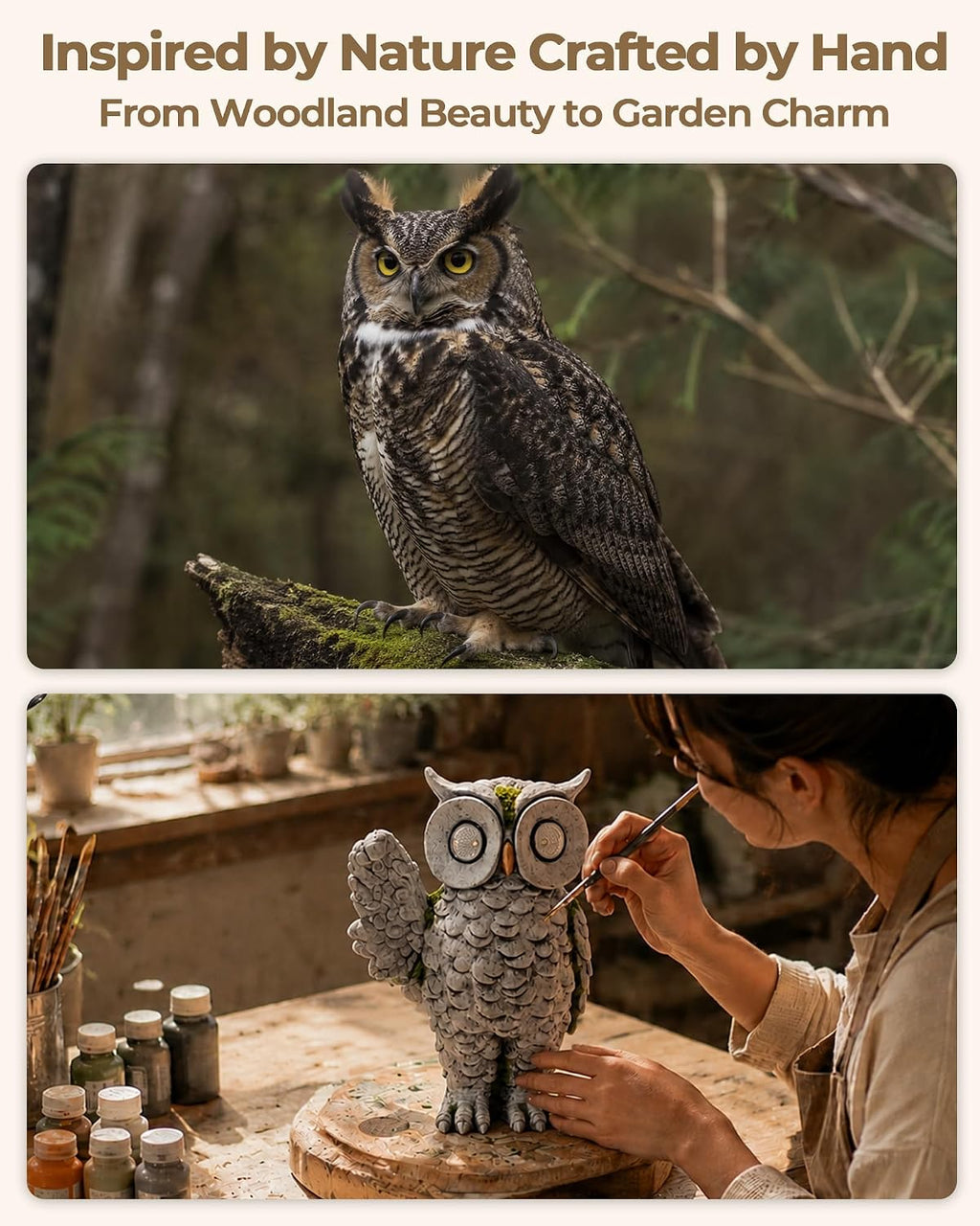 Solar Owl Garden Statue, Stone-Look Resin with Lantern | Glowing Eyes Auto Dusk Lighting Hand-Painted Finish