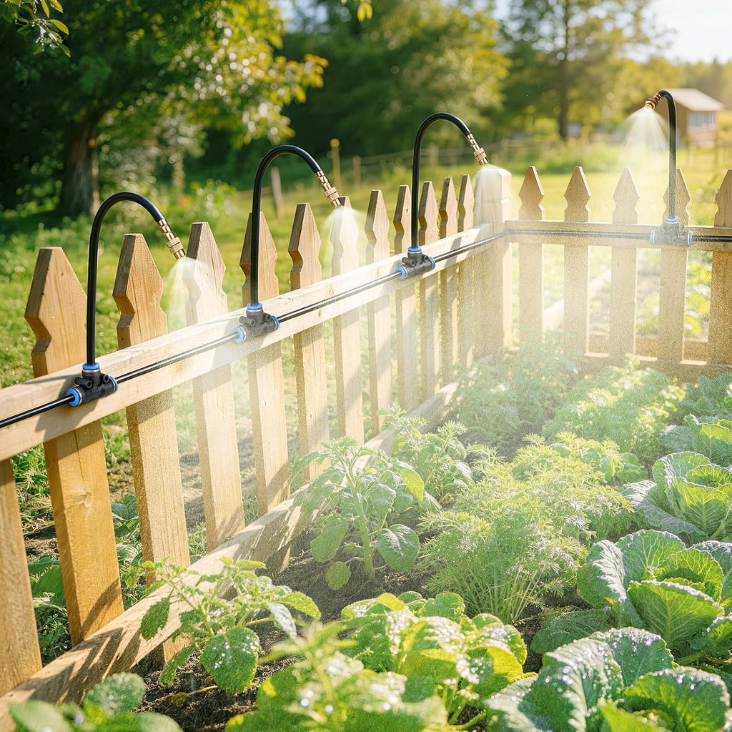 HIRALIY 100FT Misting Irrigation Kit | Quick-connect watering system with 16 adjustable 360° mist nozzles for raised