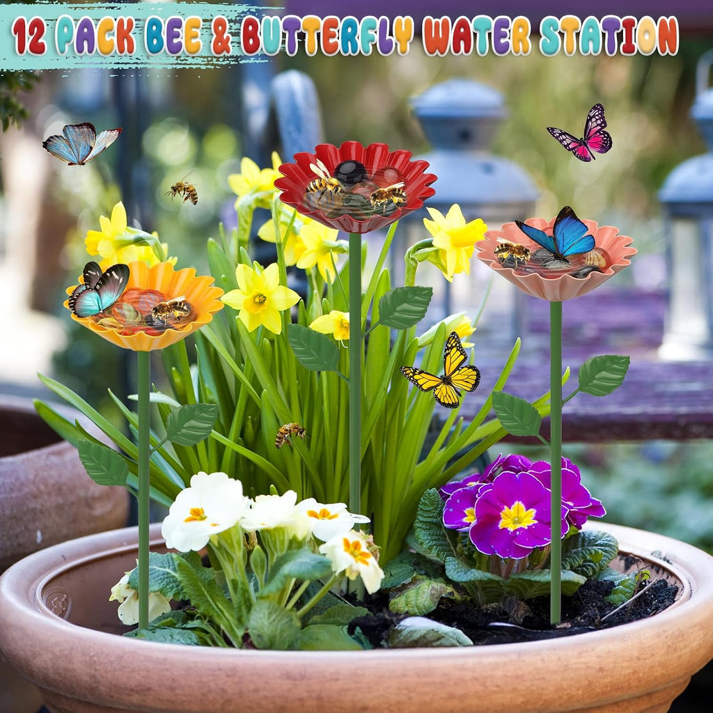 12 Pack Bee Watering Station, Bee Feeder for Garden Metal Butterfly Water Feeder Colorful Flower Design Bath Bowl with