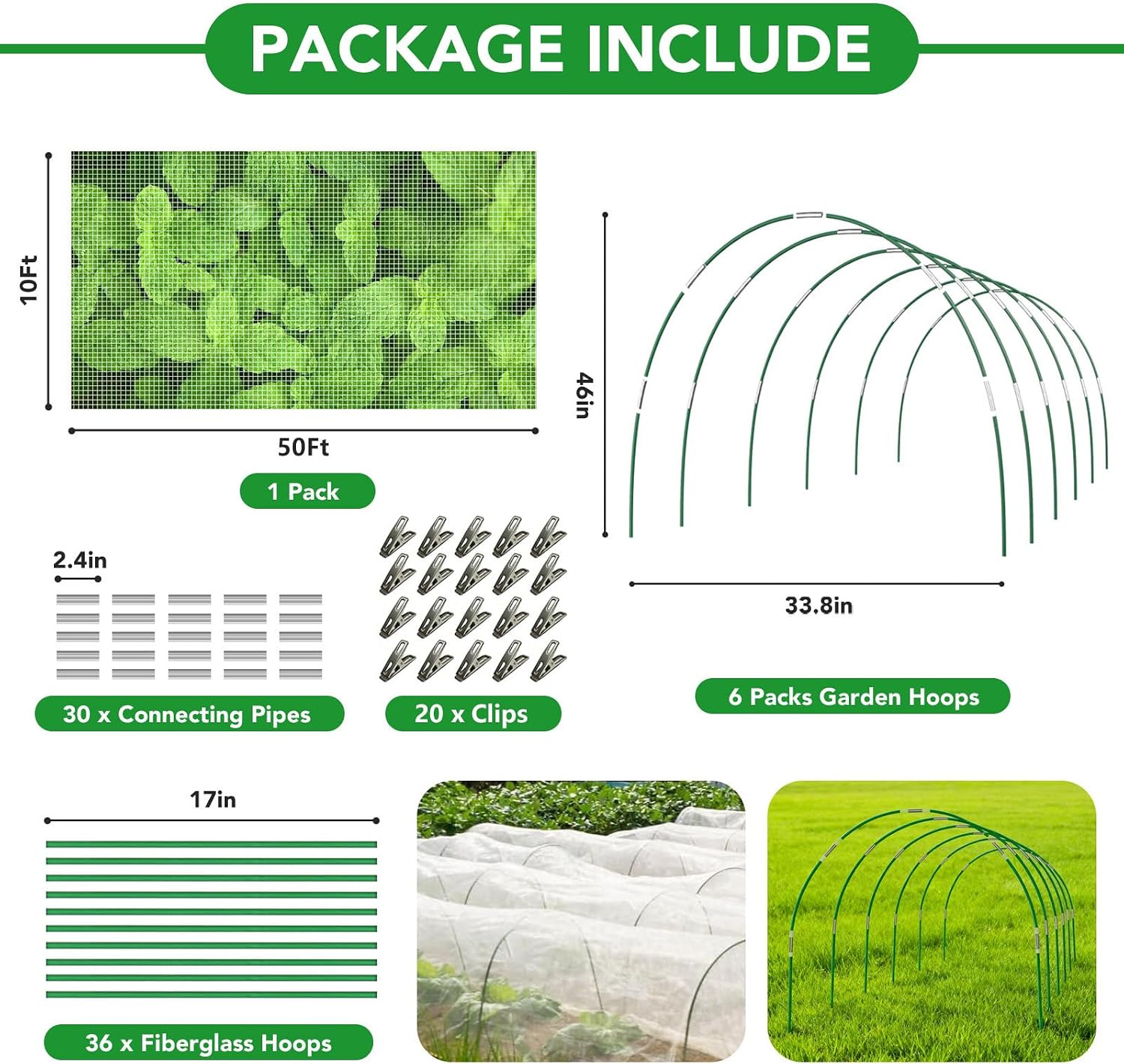 Garden Netting Kit for Raised Beds, 10x50FT Ultra Fine Mesh Netting ＆6 Sets Fiberglass Garden Hoops, Insect Netting for