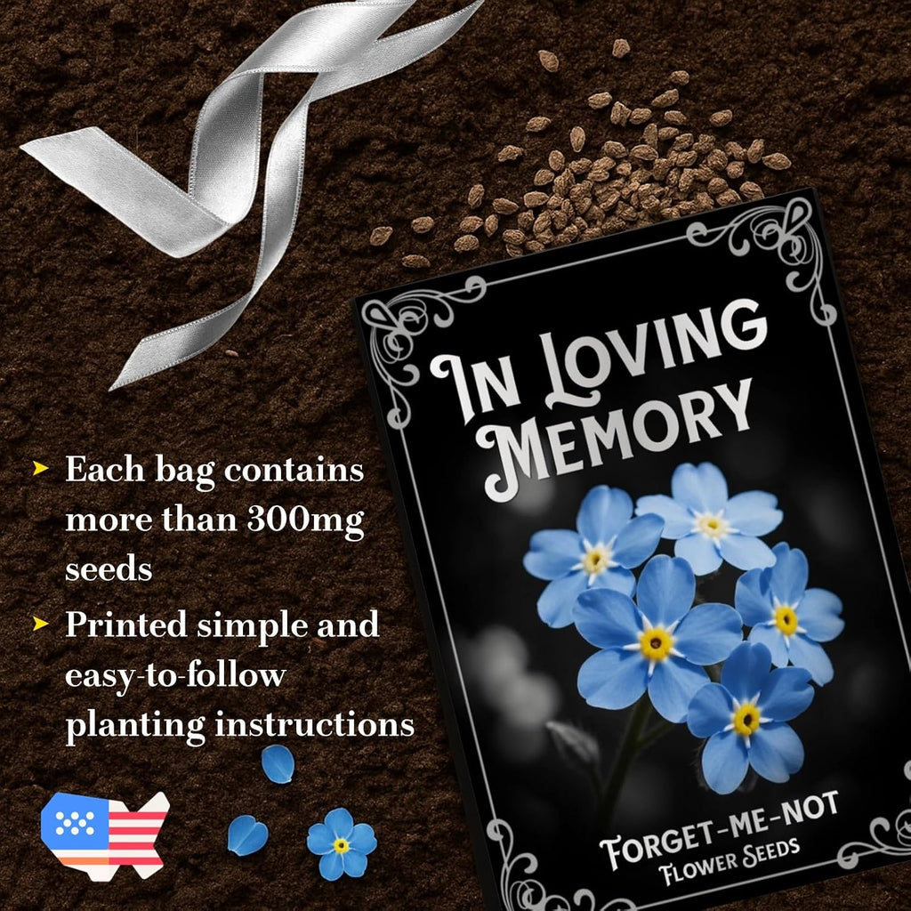 120 Pack Forget-Me-Not Flower Seed Packets for Memorial Services | Printed seed envelopes with poem and planting