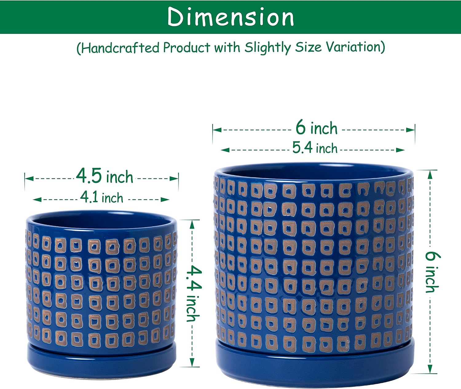 D'vine Dev Set of 2 Ceramic Planter Pots with Drainage Hole and Saucer, 4.5 Inch 6 Inch Plant Pots for Indoor