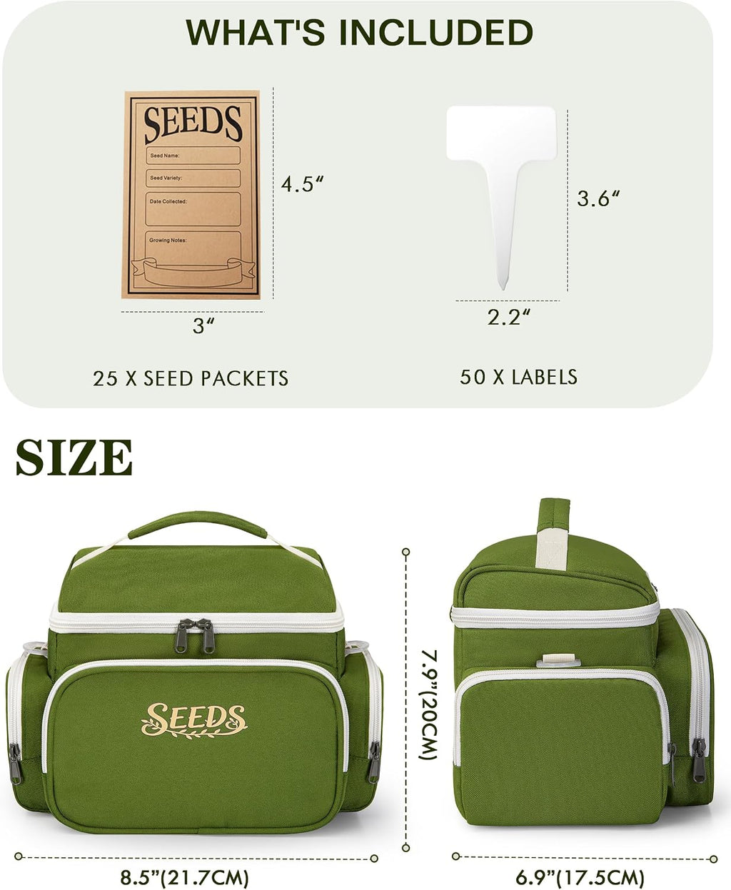 Seed Storage Organizer Insulated Bag, Garden Seed Saving Box, Green | 25 Seed Envelopes, 50 Blank Plant Label Stakes