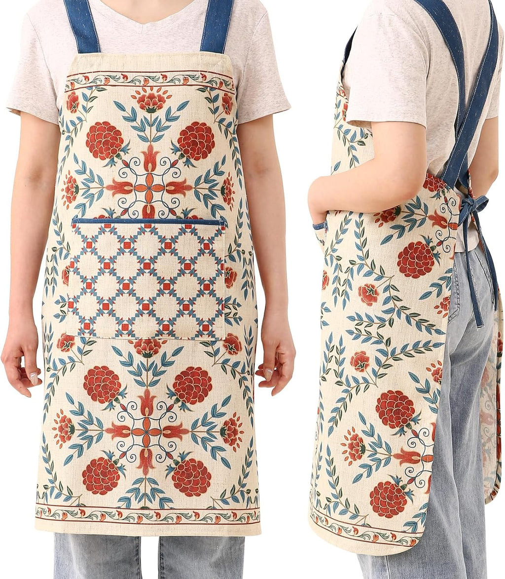 patdrea Blue Floral Linen Apron with Pocket,French Kitchen Garden Chef BBQ Aprons for Women and Men,Crisscross Back