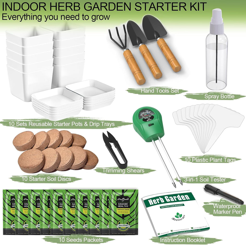 Indoor Herb Garden Kit – 10 Non-GMO Herb Seeds with Soil, Pots & Moisture Meter – Easy Windowsill Gardening Starter Set