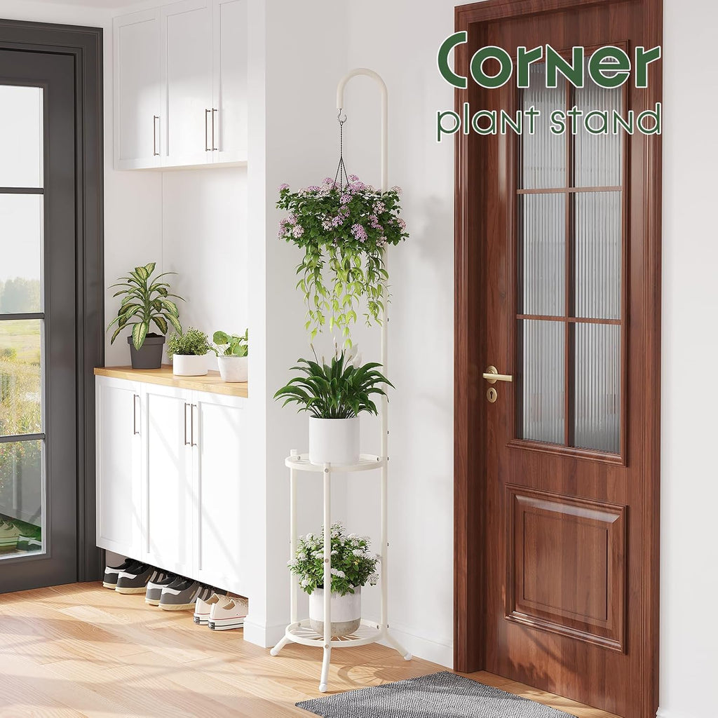 2-Tier Plant Stand With Hanging Hook, Metal Standing Plant Hanger, White | Space-Saving Iron Planter Shelves, Multiple