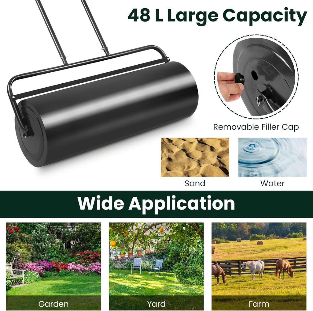 Lawn Roller, 13x24-Inch, 48L/ 13 Gallons Heavy-Duty Push/Tow Behind Water/Sand Filled Garden Drum Roller for Park