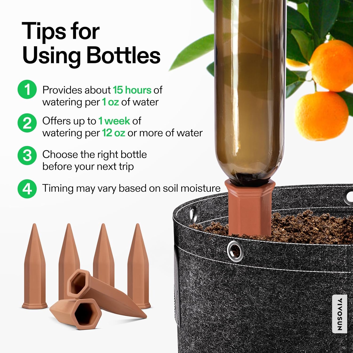 VIVOSUN 10Pcs Self-Watering Spikes, 7 Inch Hexagonal Terracotta Watering Stakes, Auto-Water Device, Planter Insert for
